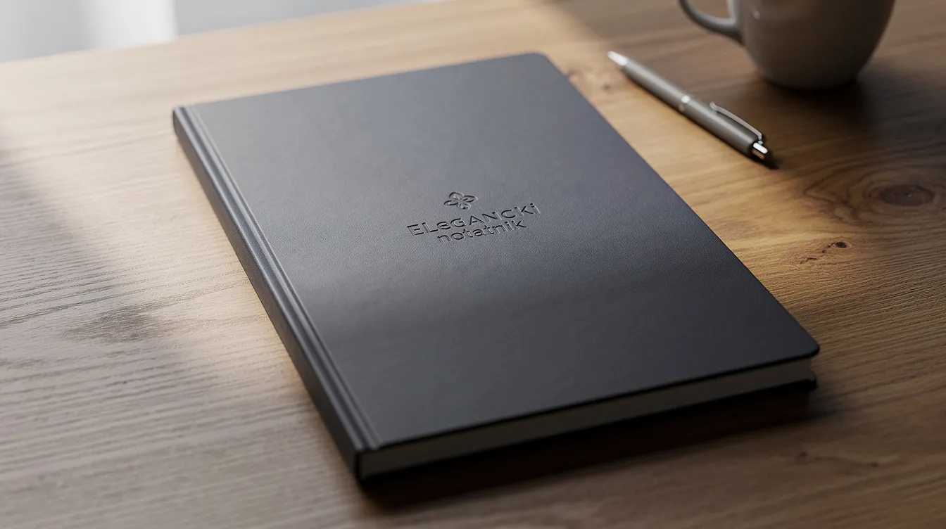 Na drewnianym biurku leży elegancki notatnik z subtelnym wytłoczonym logo firmy, idealny jako praktyczny upominek reklamowy dla klientów premium. Taki gadżet reklamowy może zwiększyć rozpoznawalność marki i lojalność klientów.