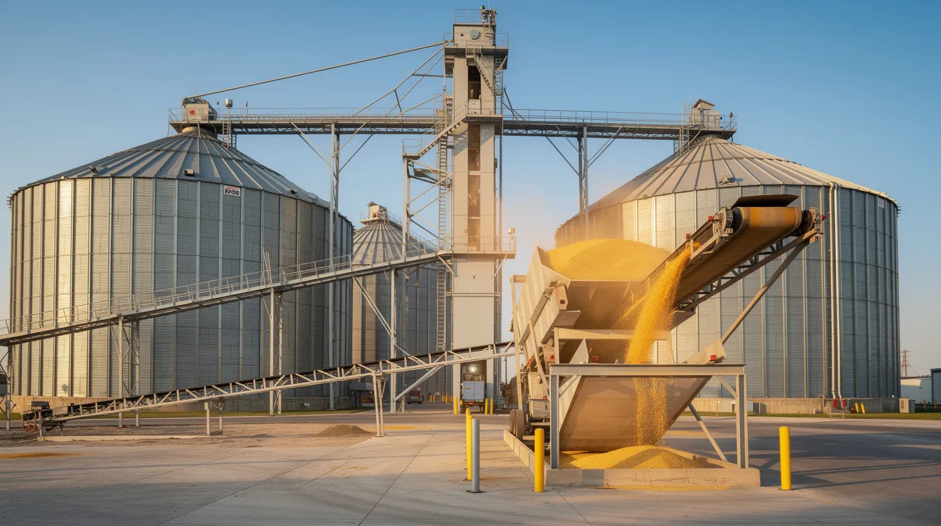 d583cef4 f4dd 4620 afeb 97adaf15dadd The image depicts a modern grain storage facility featuring bucket elevators and a belt conveyor system actively transporting harvested grains. This setup is designed to safely store large quantities of grain in silos while maintaining grain quality and preventing spoilage through effective material handling and monitoring systems.