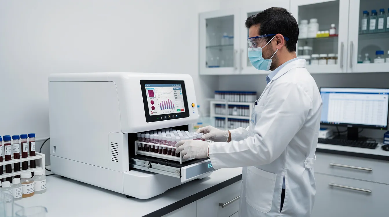 d583d0d5 be86 483a 913a 454277c18e13 A laboratory technician is seen operating a hematology analyzer in a modern pathology lab, surrounded by advanced diagnostic equipment and a clean, organized workspace. This scene reflects the essential role of diagnostic services in the healthcare sector, ensuring accurate results for various pathological tests.