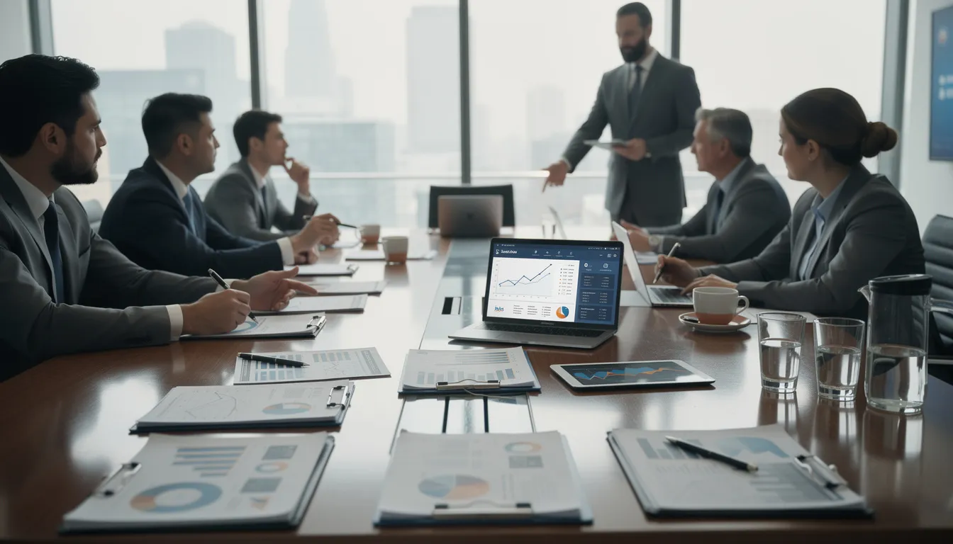 The image depicts a professional investment meeting with a conference table covered in various documents and charts, showcasing metrics such as total equity invested, cash distributions, and potential investments in commercial real estate. Participants are engaged in discussion, analyzing the equity multiple calculations and the investment's potential risks and returns. The image depicts a professional investment meeting with a conference table covered in various documents and charts, showcasing metrics such as total equity invested, cash distributions, and potential investments in commercial real estate. Participants are engaged in discussion, analyzing the equity multiple calculations and the investment's potential risks and returns.