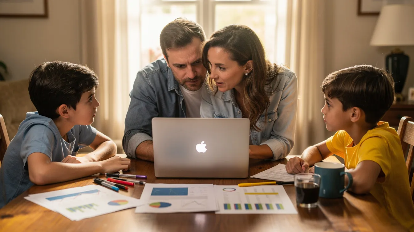 A family is gathered around a table, reviewing documents and a laptop, likely discussing their application status for NADRA registration or family registration certificates. The atmosphere is focused as they work together to provide personal details and navigate the online application process.