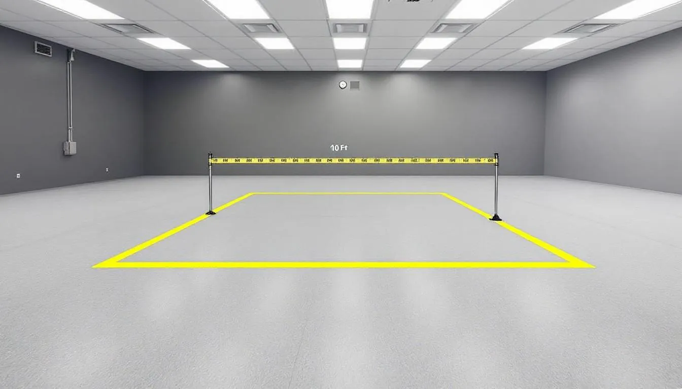 In a controlled testing environment, a 10-foot square setup is visible, designed for conducting the Volhard puppy aptitude test, which helps predict future behavioral traits in puppies. The area is equipped with various training tools and strange objects to assess the puppies