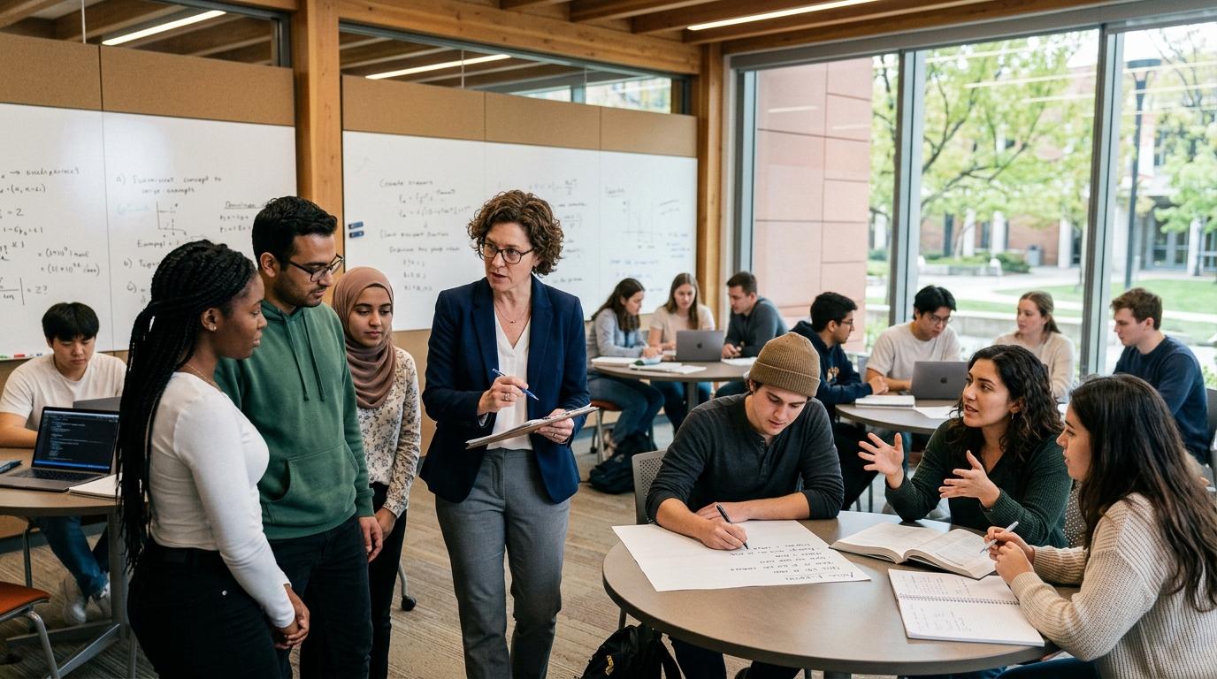 Professional university environment featuring an instructor managing multiple assessment types while students engage in active learning, peer collaboration, and critical thinking exercises.