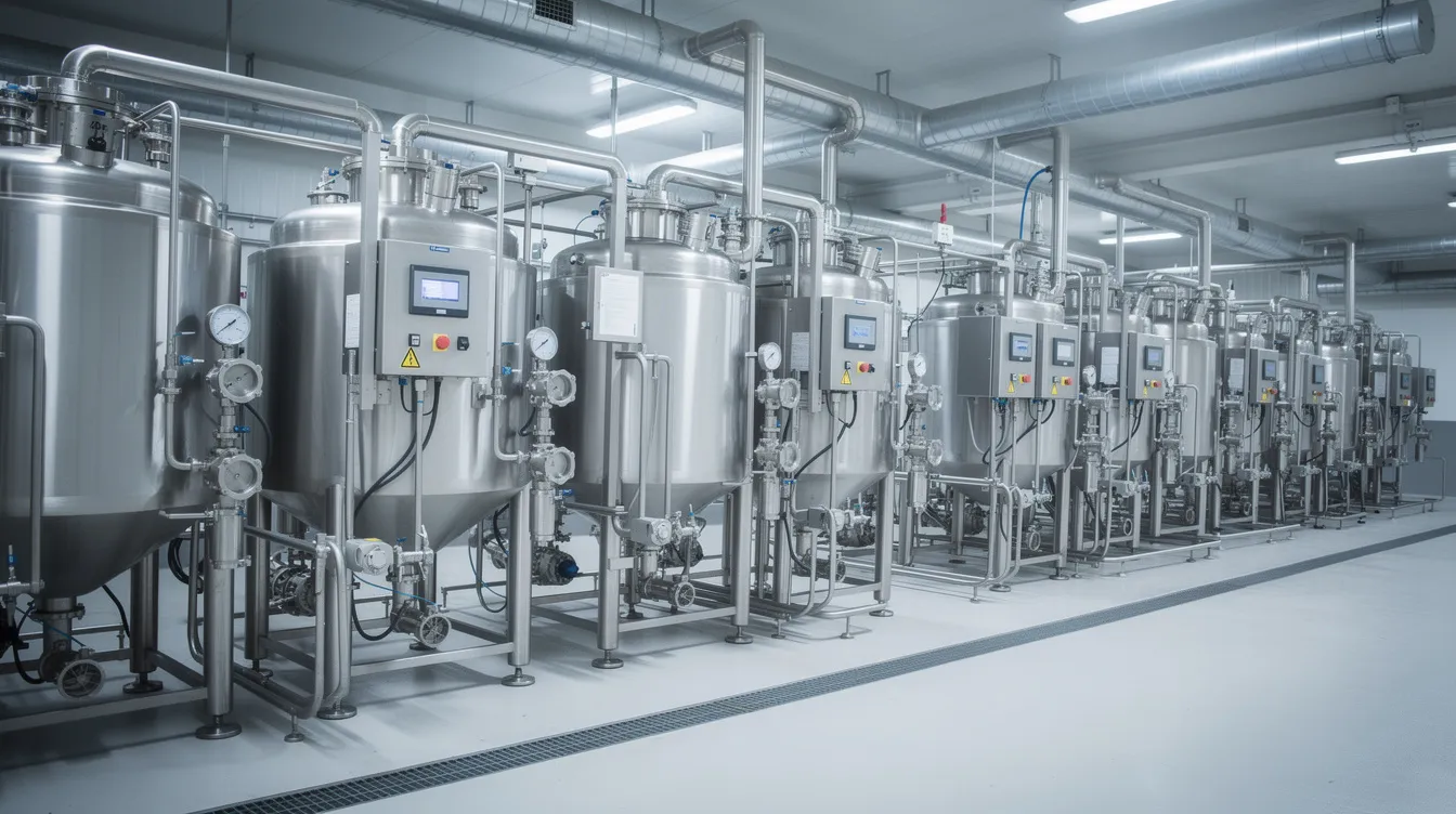 The image depicts industrial stainless steel dairy processing equipment housed within a modern ghee manufacturing plant, showcasing the advanced machinery involved in the ghee manufacturing process. The facility is designed for efficient production, emphasizing quality control and the handling of raw materials essential for ghee production.