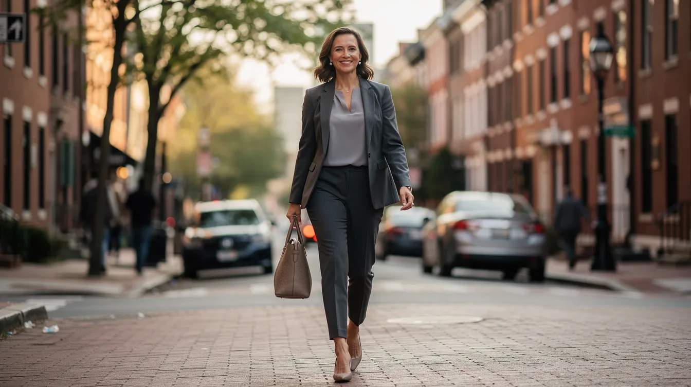 A confident professional woman strolls through a bustling Philadelphia street, exuding a refreshed and natural appearance. Her youthful look suggests she may have undergone minimally invasive laser treatment for skin tightening, effectively addressing concerns like loose skin and improving overall skin texture.