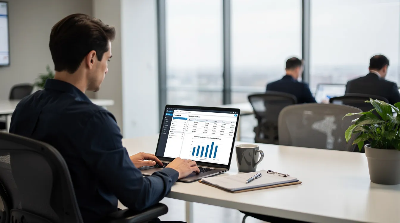 An HR professional is focused on reviewing payroll data displayed on a laptop in a modern office environment, utilizing human capital management software to enhance payroll accuracy and streamline HR processes. The scene reflects a commitment to operational efficiency and effective workforce management.