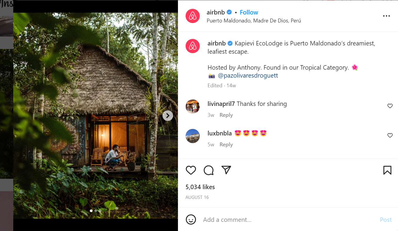 This image shows one of the posts on Airbnb's Instagram account featuring a property listing and its host.