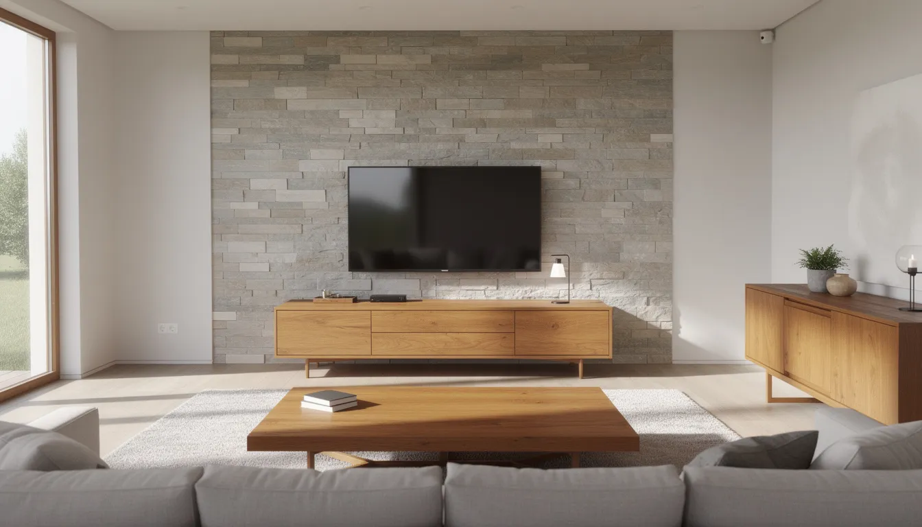 Een moderne woonkamer met een stijlvolle achterwand van zelfklevende steenstrips achter een grote flatscreen tv. De combinatie van houten meubels en de natuursteenlook van de muur creëert een sfeervolle en luxe uitstraling.