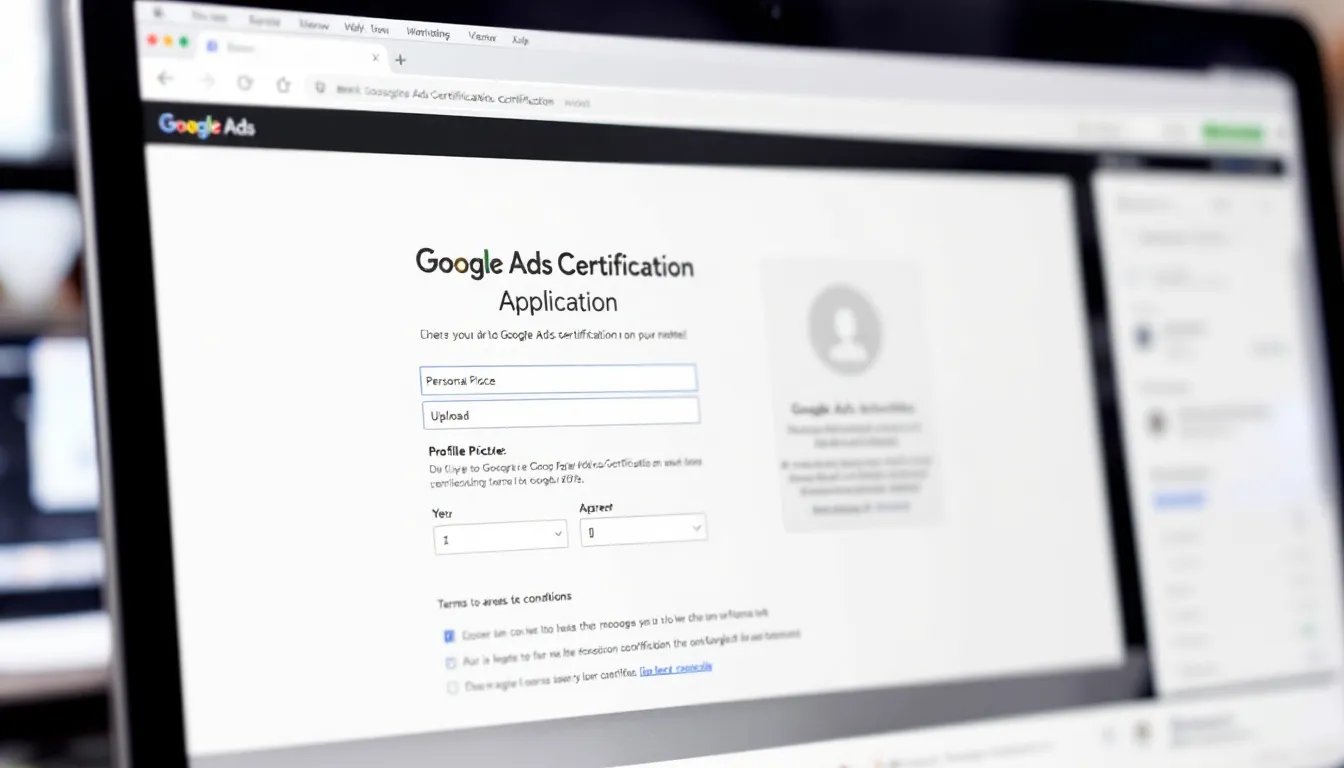 A computer screen displays the Google Ads certification application interface, showcasing sections related to promoting gambling ads, including options for online casinos and responsible gambling messages. The layout indicates areas for entering information about ad campaigns and compliance with Google's policies for gambling-related content.