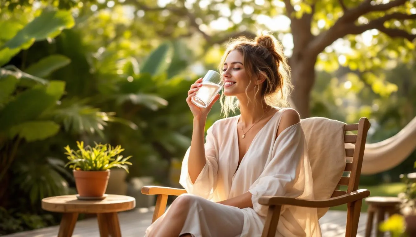 In the image, a serene setting showcases a glass of water alongside a bowl of fresh fruits, symbolizing hydration and relaxation. This scene emphasizes the health benefits of staying hydrated, particularly during fasting periods, which can aid in weight management and overall well-being.