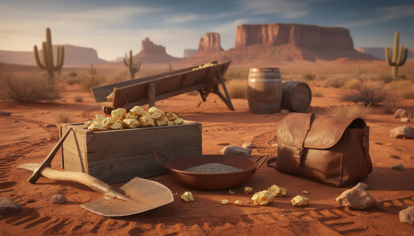 I en ökenlandskap från Vilda Västern ligger guldklimpar och gruvutrustning spridda på marken, vilket skapar en känsla av äventyr och upptäcktsfärd. Denna bild fångar essensen av att spela slots som "Buffalo Rising Megaways" från Blueprint Gaming, där möjligheten till stora vinster och jackpotar lockar spelare.