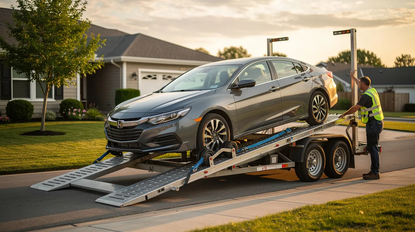 An open auto transport trailer is being loaded with a car in a residential driveway, showcasing the process of expedited car shipping. This scene highlights the convenience of auto transport services for homeowners needing to ship their vehicles efficiently.