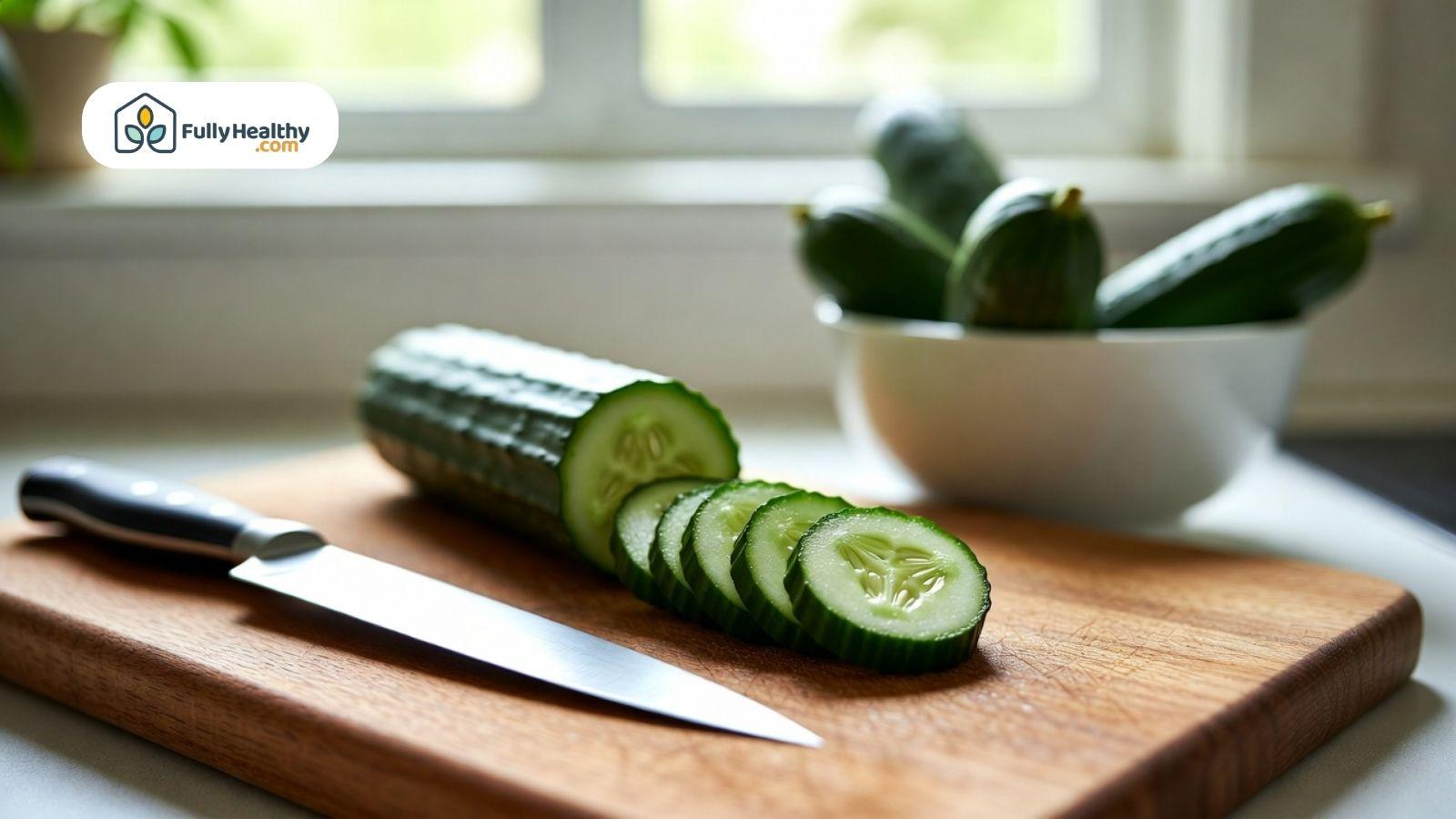 Fresh cucumber being sliced on a wooden cutting board with a kitchen knife.