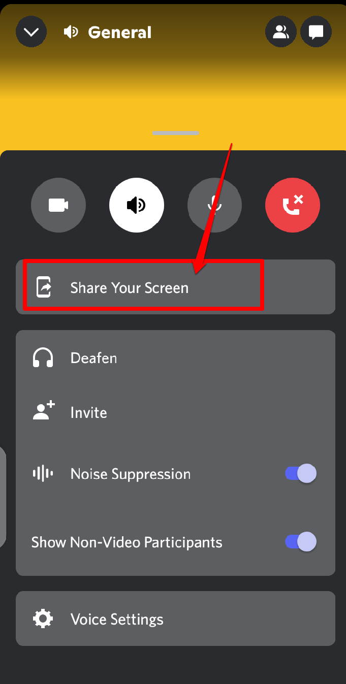 Image showing the Share Your Screen button on Discord