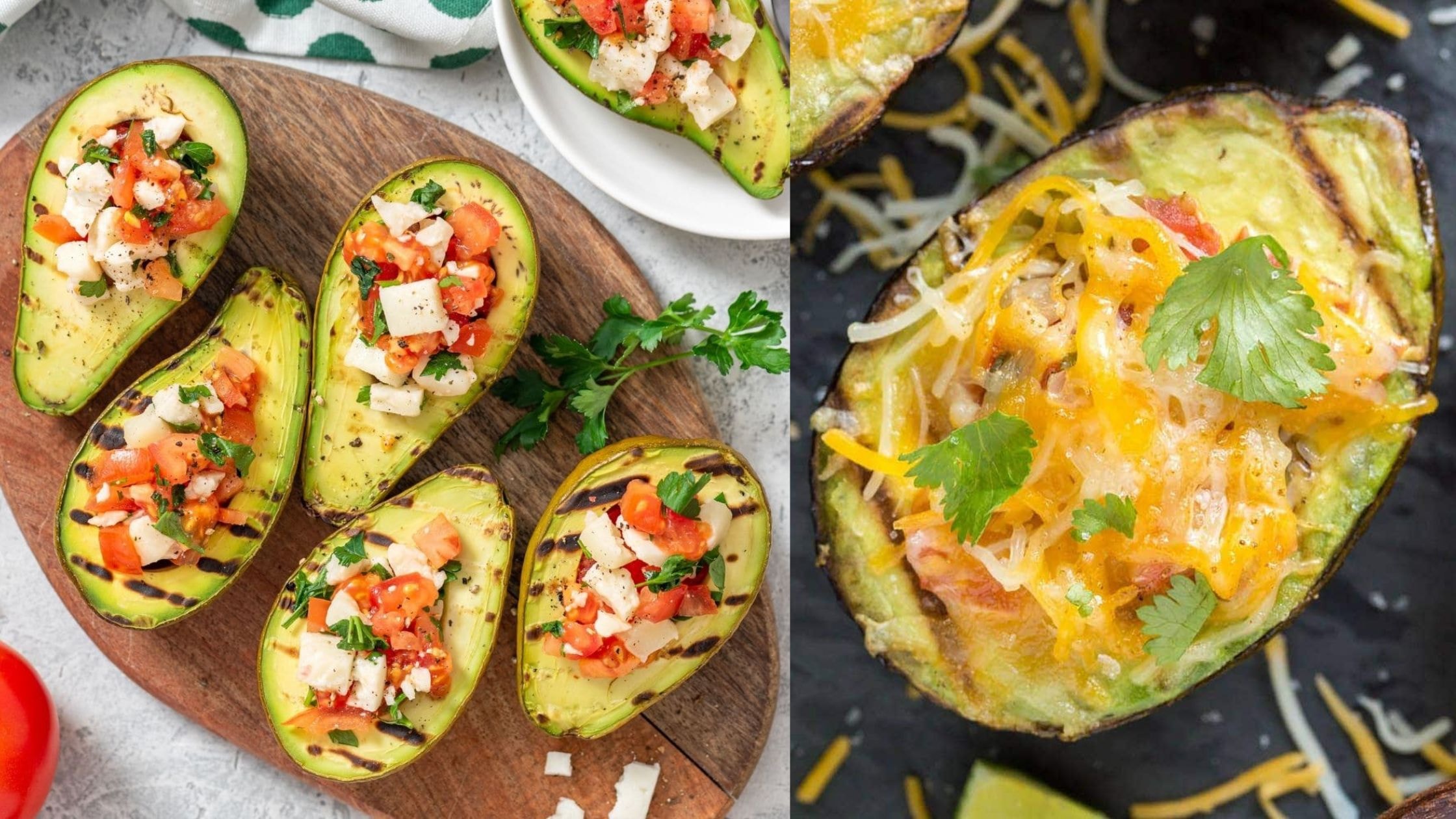 Grilled Avocado with Pico de gallo and shredded cheese