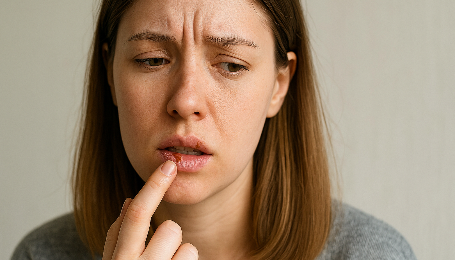 Nærbilde av kvinne med herpesutbrudd på underleppen, ser bekymret og berører såret med fingeren.