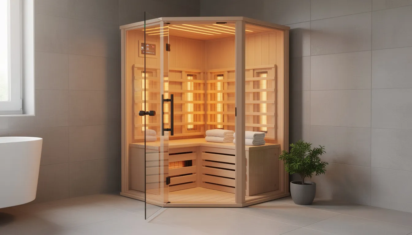 A modern 2-person infrared sauna sits in the corner of a stylish bathroom, illuminated by soft amber LED lighting. The sauna features a clean bench with two folded towels, a small potted plant beside the glass door, creating an inviting atmosphere for couples to enjoy a shared relaxation experience and reap the health benefits of sauna sessions.