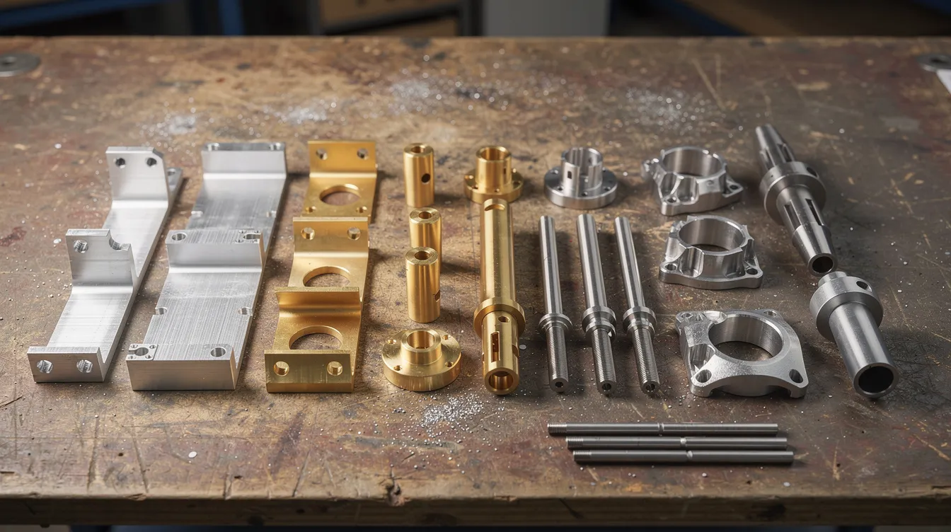 An assortment of CNC machined metal parts made from aluminum, brass, stainless steel, and titanium is displayed on a workbench, showcasing the precision machining capabilities of various materials suited for high-quality manufacturing processes. The parts feature complex geometries and tight tolerances, highlighting the versatility of CNC machining services in producing high precision components.