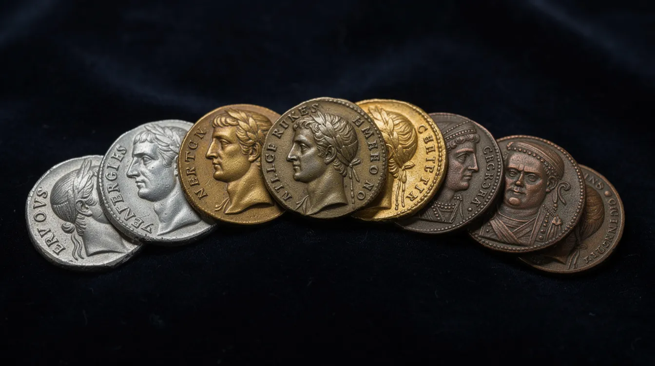 The image showcases a collection of ancient Roman coins, illustrating various portrait styles from the Republic to the Empire era, highlighting figures such as Julius Caesar and Augustus. Each coin, made from nearly pure silver, reflects the rich history of Roman coinage and its evolution over time.