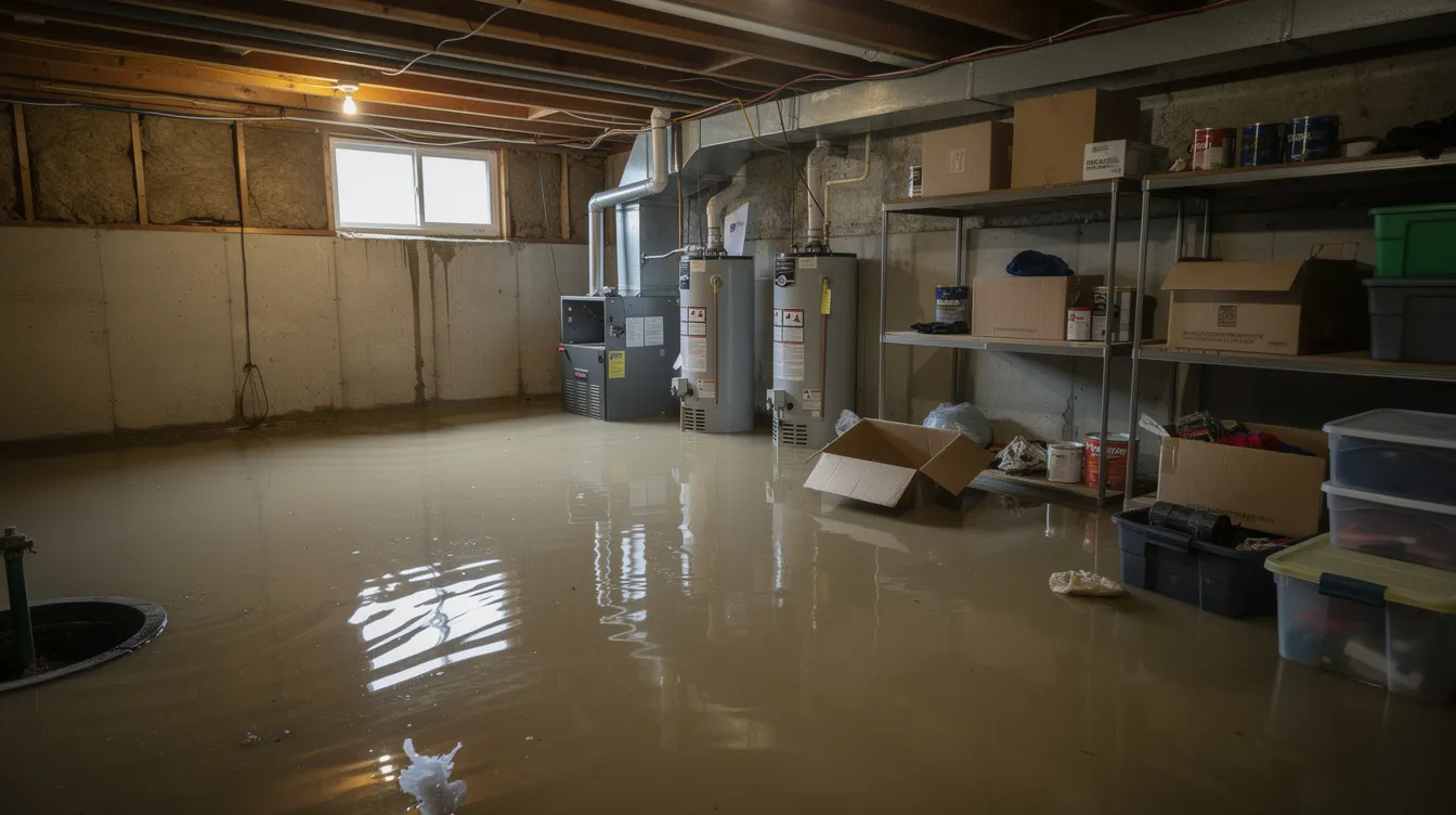 The image depicts a flooded residential basement with several inches of standing water covering the floor, highlighting visible utility equipment and various storage items. This situation may indicate a plumbing emergency requiring immediate attention from professional emergency plumbing services to prevent further damage and restore order.