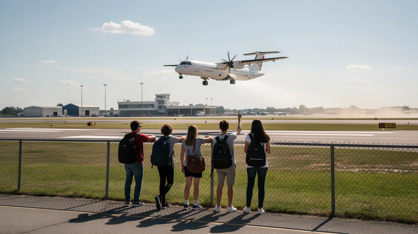 A small group of high school students stands at the fence line of a regional airport, watching an aircraft take off, symbolizing their interest in aviation workforce development and the opportunities within the aviation industry. The scene highlights the importance of education and recruitment in preparing the next generation of pilots and aviation maintenance technicians.