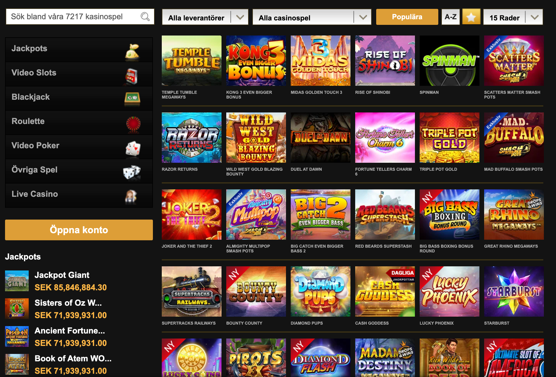 Videoslots casino spelutbud
