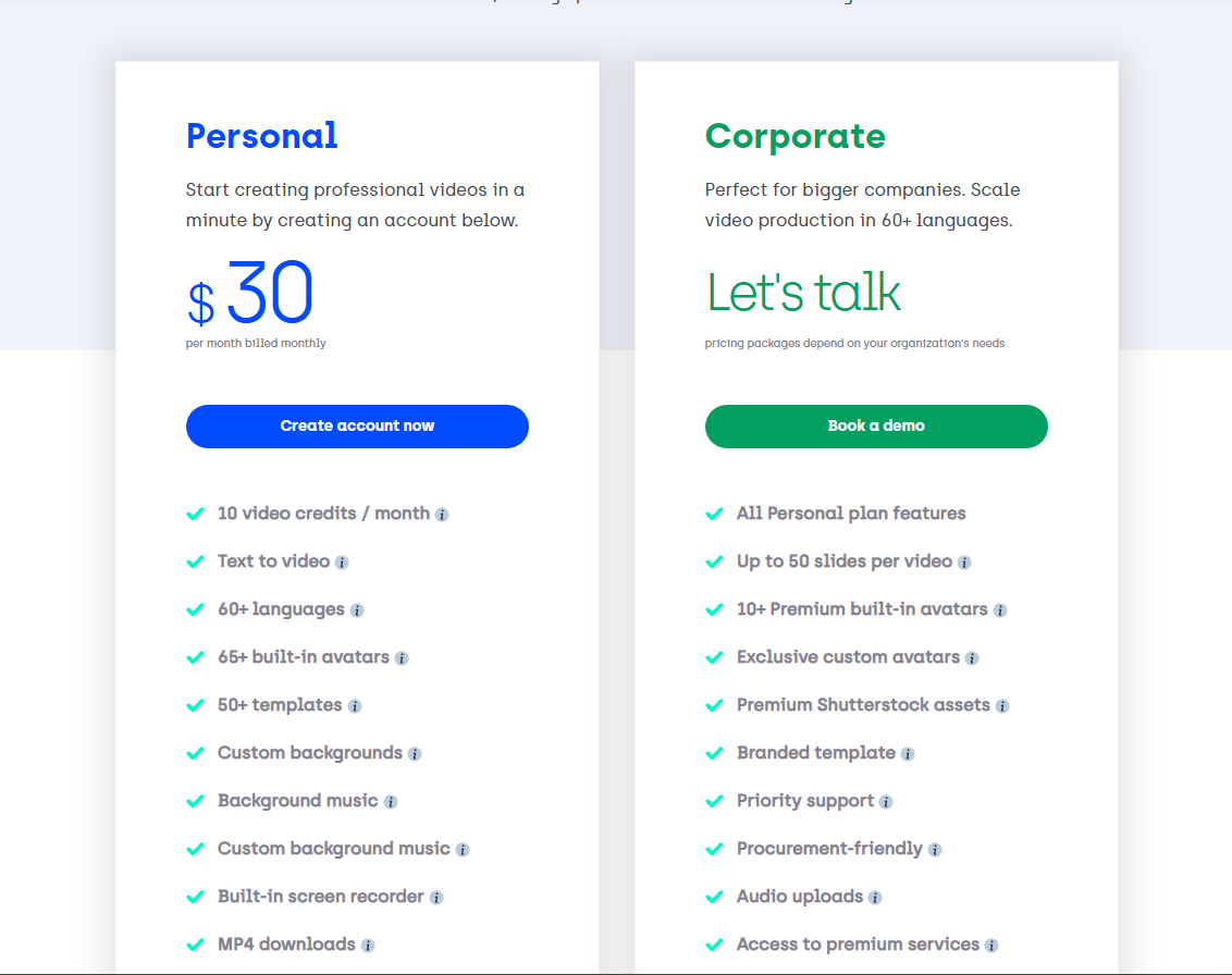 Synthesia offers both personal pricing and corporate pricing with various benefits in each tier