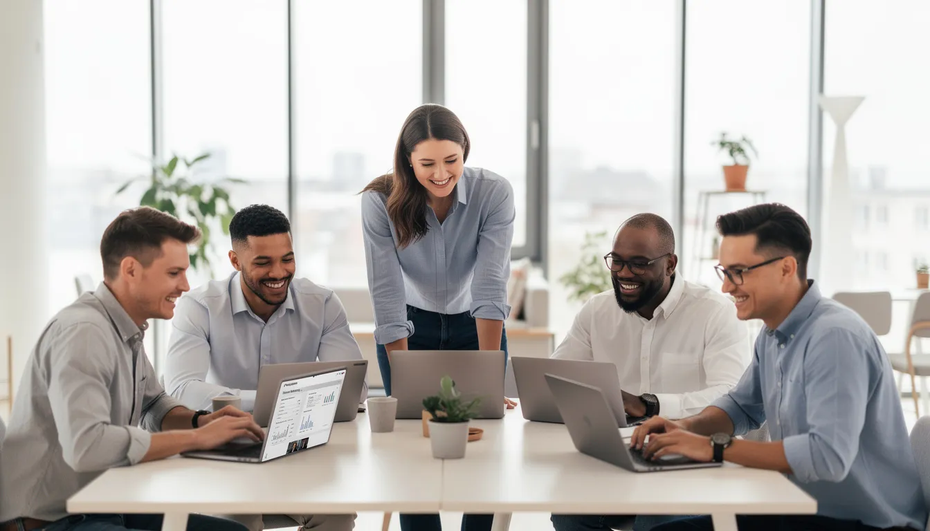 Ein zufriedenes Team arbeitet konzentriert an Laptops in einem modernen Büro, um hochwertige Online-Kurse zu entwickeln. Die Zusammenarbeit fördert den Austausch von Ideen und Erfahrungen, während sie die Funktionen ihrer Kursplattform optimieren.