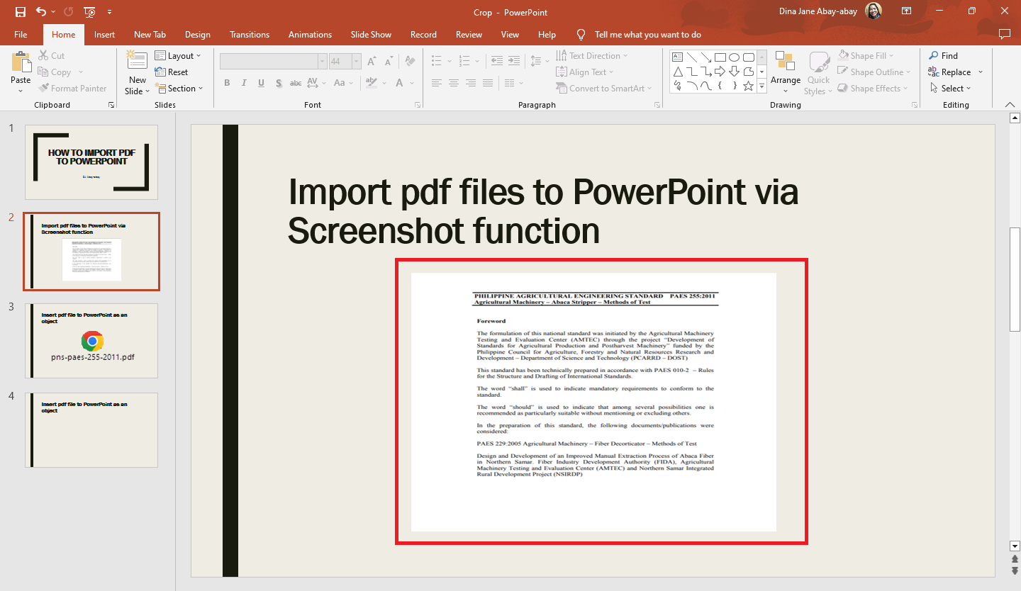 Once you pdf windows appear on your presentation slide, move and drag it.