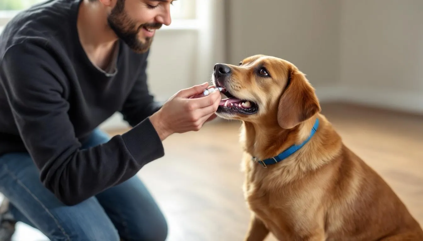 A dog owner is gently administering liquid medication to their pet, who appears to be a medium-sized dog, while sitting on a cozy rug. This scene highlights the importance of treating conditions like colitis in dogs, which can lead to symptoms such as chronic diarrhea and weight loss.