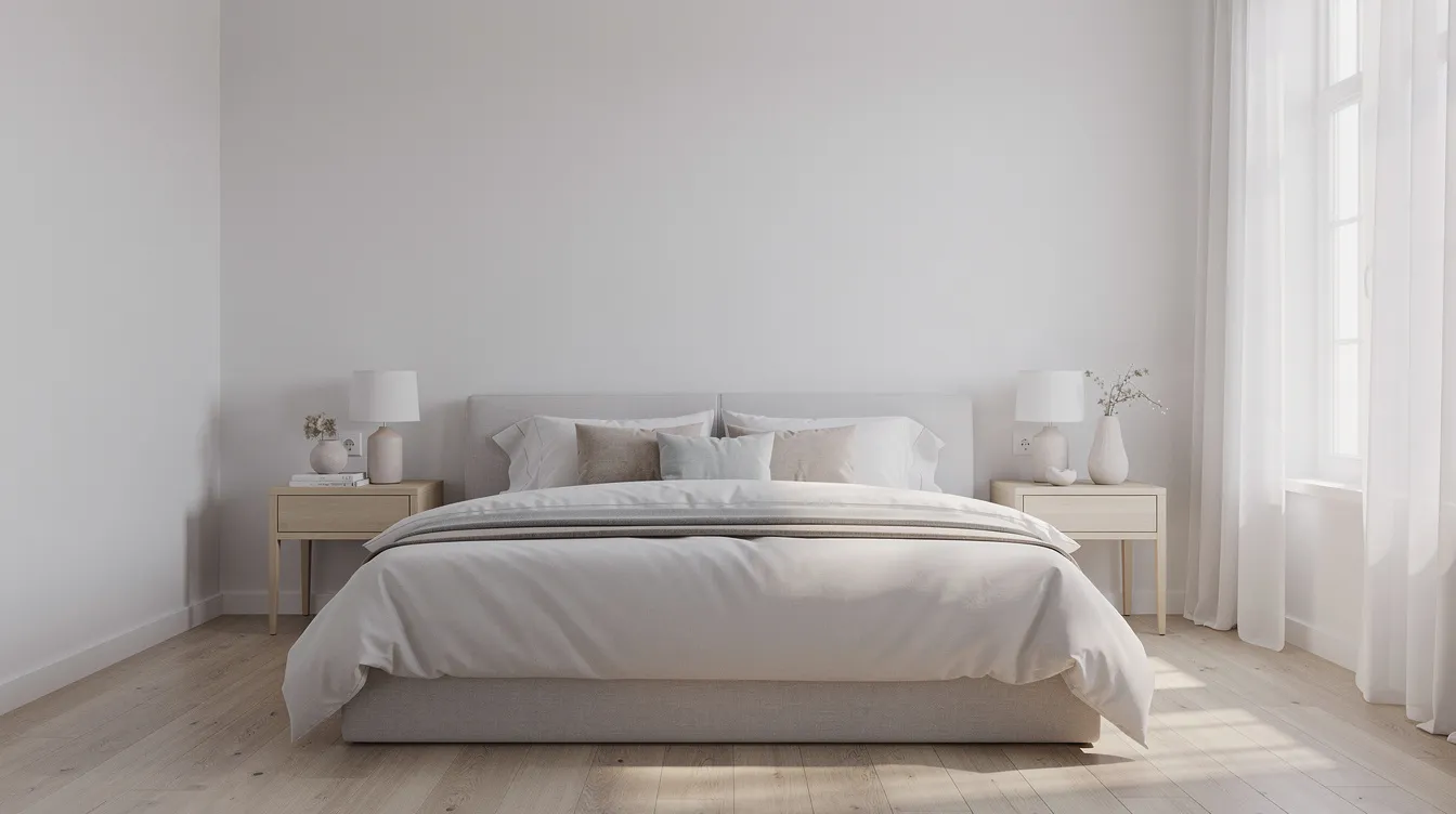 Ett skandinaviskt sovrum med en säng placerad mellan två matchande sängbord i ljust trä, som erbjuder praktisk förvaring med lådor. Rummet har en modern design och skapar en lugn känsla, perfekt för avkoppling.