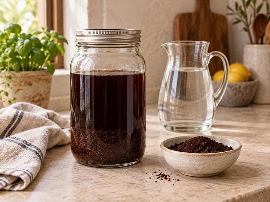 A covered jar of steeping cold brew beside coarse coffee grounds and water.