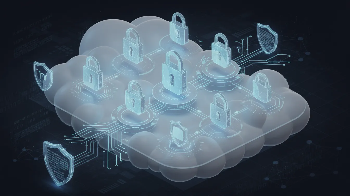 The image depicts interconnected digital locks and shields arranged in a cloud-like formation, symbolizing a zero trust architecture for securing access to corporate resources. This visual representation emphasizes the importance of strict access controls and continuous monitoring in a hybrid workforce environment, ensuring only the minimum access necessary for personal devices.