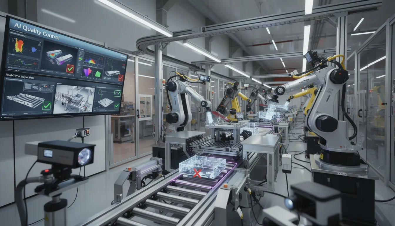 The image depicts an advanced robotic manufacturing system featuring interconnected devices and AI-powered quality control mechanisms, showcasing technological innovations that optimize operations in industrial processes. This innovative technology highlights the integration of artificial intelligence and machine learning algorithms to enhance productivity and ensure high-quality standards in manufacturing.
