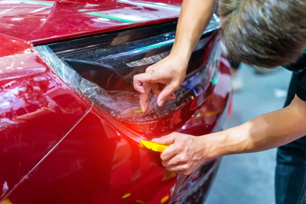 DIY PPF installation in progress, showing a person carefully applying the film to a car’s front bumper with a squeegee