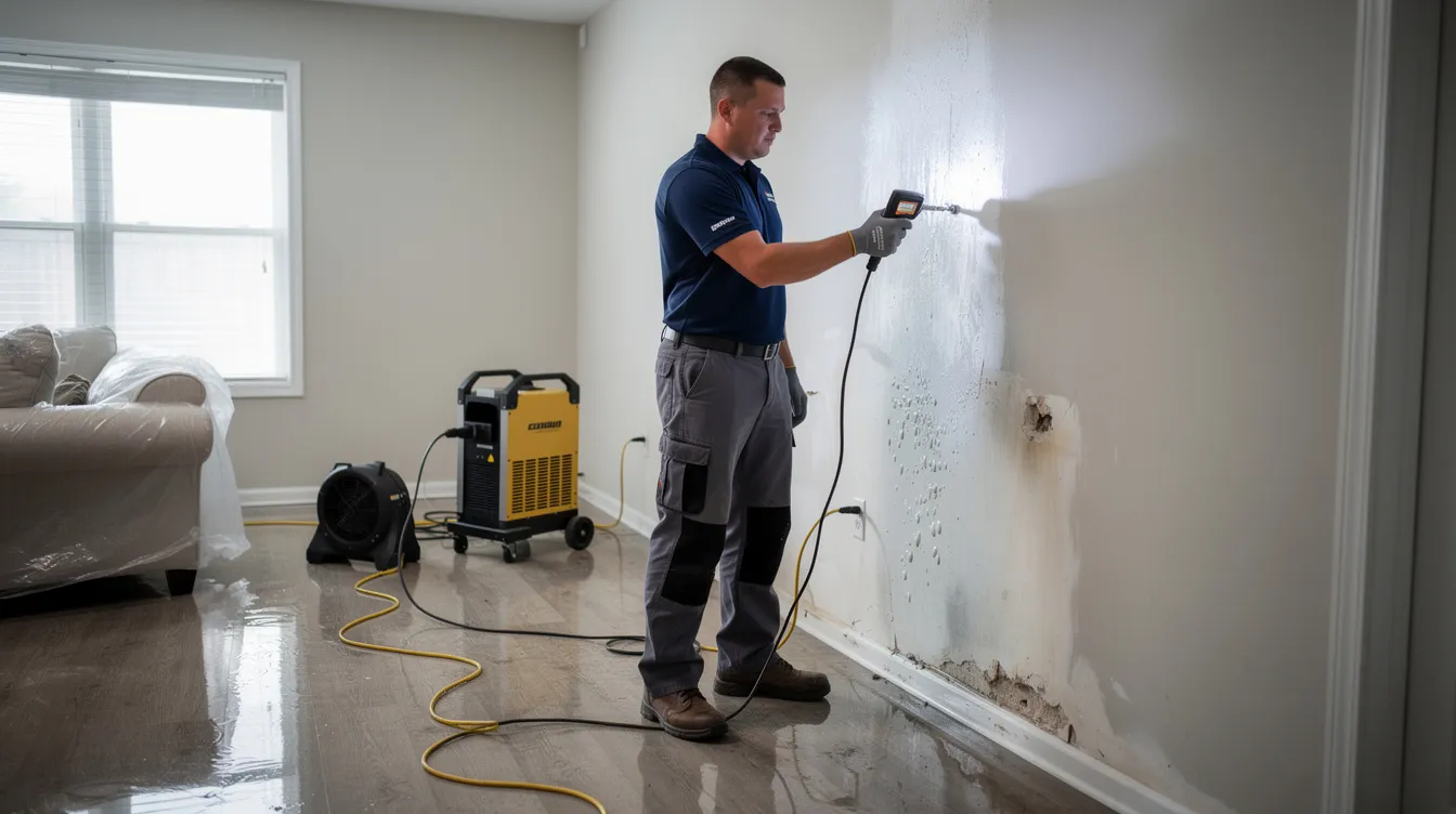 A professional restoration technician is using moisture detection equipment to assess a water-damaged room, identifying areas with trapped moisture that could lead to mold growth. The technician is focused on preventing mold problems by ensuring that all affected areas, including wall cavities and porous materials, are properly dried and remediated.