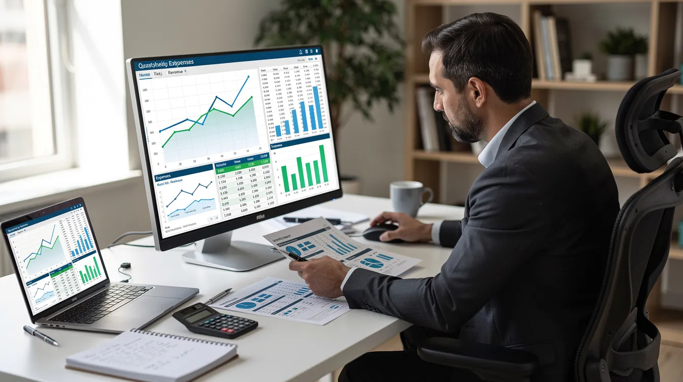 The image depicts a person sitting at a desk, intently reviewing financial documents displayed on a computer screen, which likely include payroll calculations and tax forms. This scene highlights the importance of payroll management and compliance with labor laws in the human resources field.