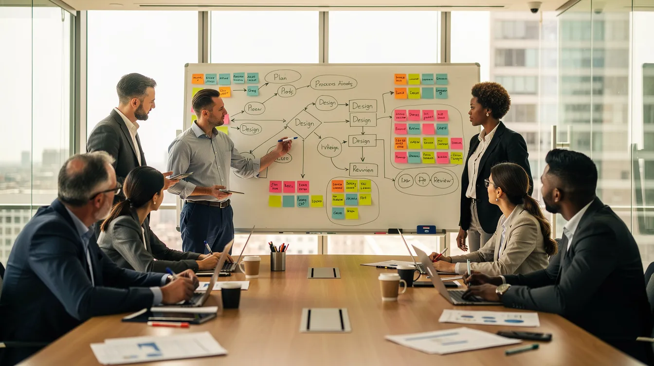 A group of professionals is gathered around a whiteboard filled with process diagrams and sticky notes, engaging in a collaborative session focused on system analysis and design. They discuss the components and interactions of existing systems to improve performance and meet business goals effectively.