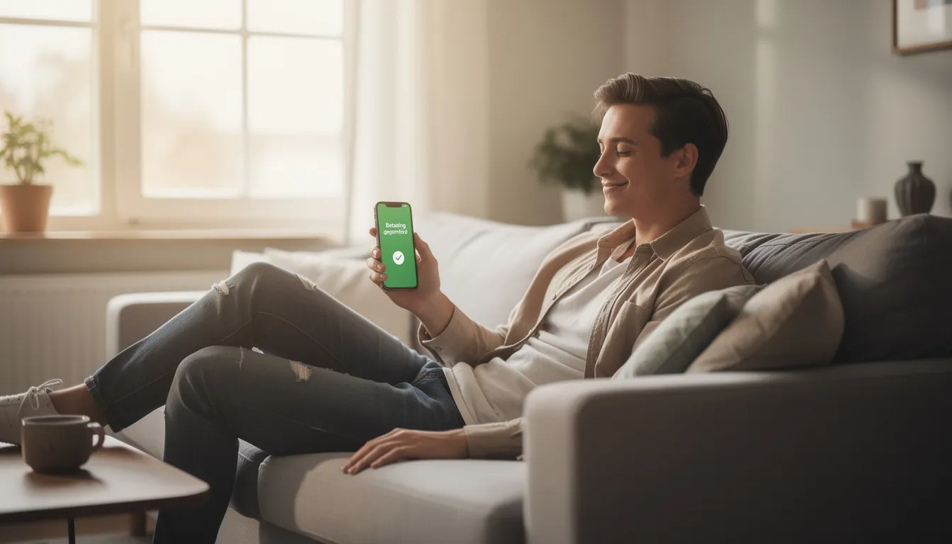 En avslappnad person håller en mobiltelefon i handen efter att ha genomfört en transaktion, vilket tyder på att de har gjort ett snabbt uttag hos ett casino. Denna känsla av lättnad och nöjdhet kan kopplas till snabba utbetalningar och smidiga insättningar med tjänster som Swish och Trustly.