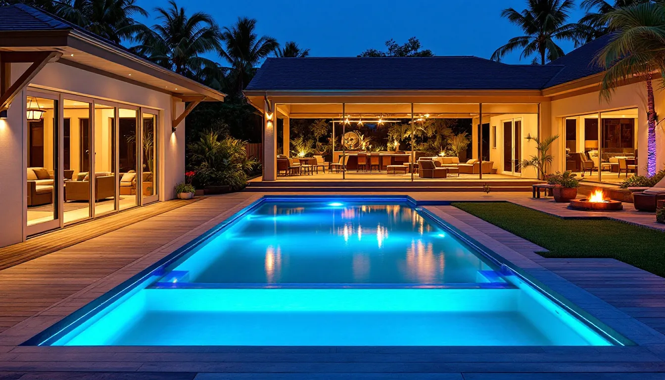 Various pool lighting options illuminating a backyard oasis.