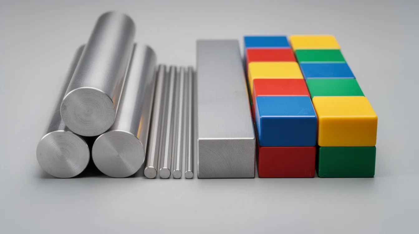 The image showcases a variety of raw material stock, including aluminum billets, stainless steel rods, titanium bars, and colored plastic blocks, all neatly arranged side by side. This diverse selection highlights the company's capabilities in precision machining and fabrication services, demonstrating their commitment to providing the highest quality components for customers in the industry.
