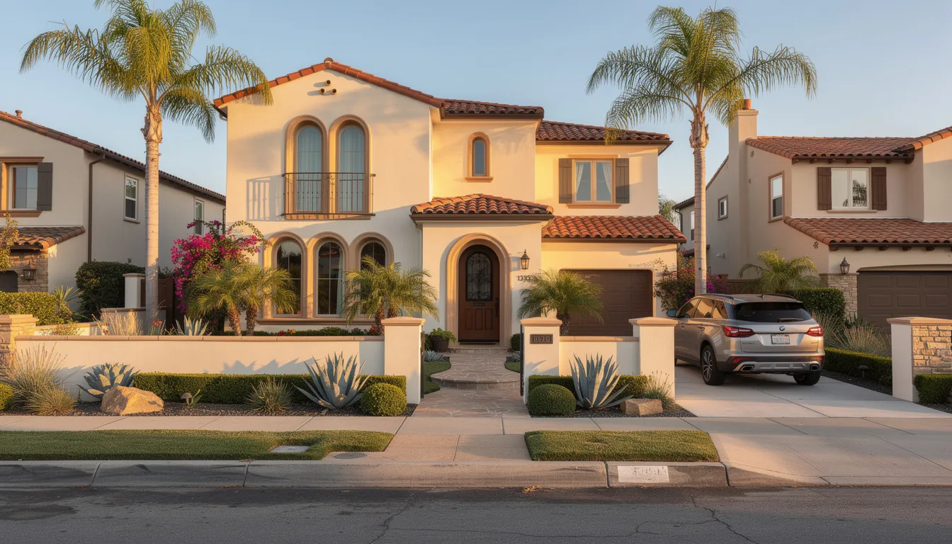 The image depicts a charming Mediterranean-style family home nestled in a sunny Southern California neighborhood, surrounded by lush greenery and vibrant flowers. This inviting residence symbolizes the importance of estate planning for families in San Diego County, ensuring a secure future for loved ones.
