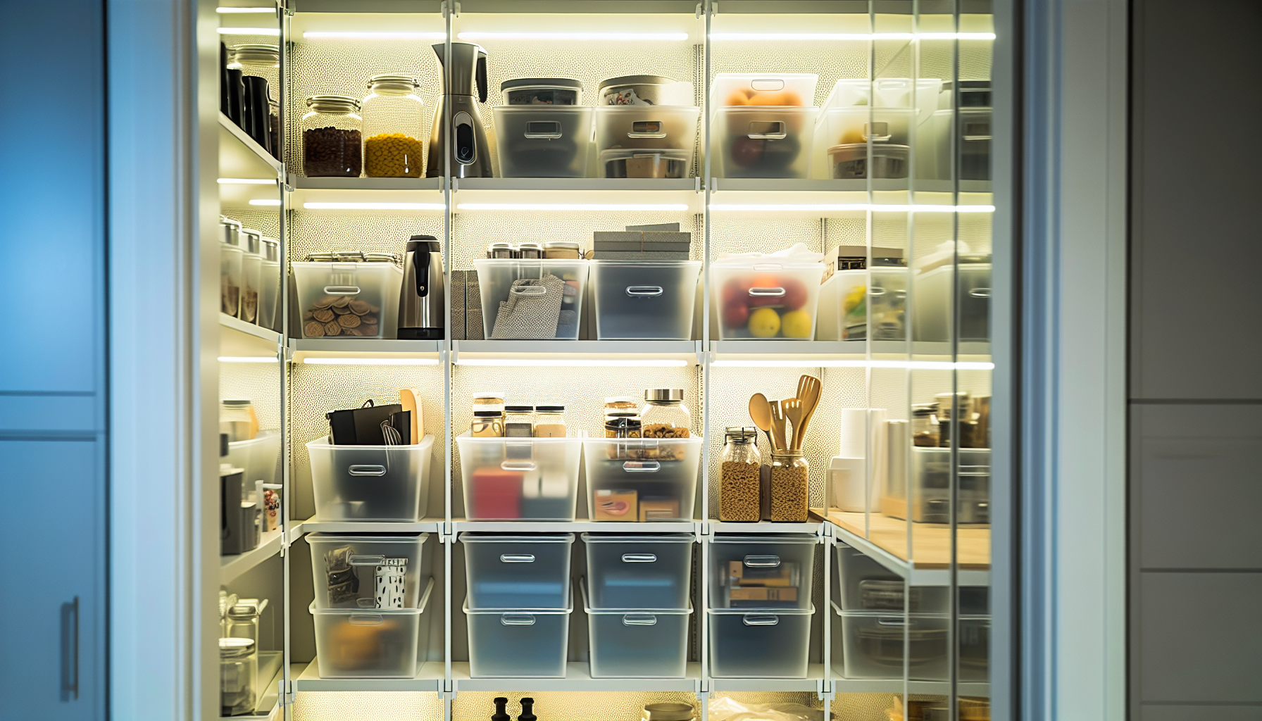 Neat and organized pantry with clear storage bins for small appliances and glass jars