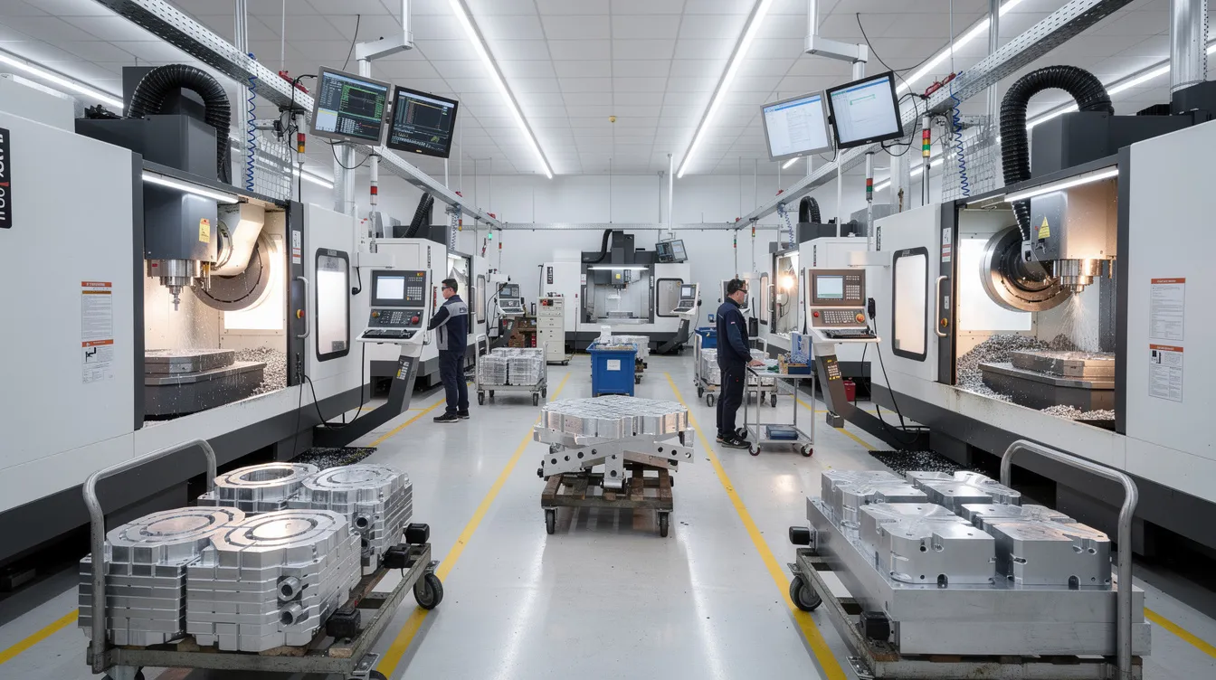 The image depicts a modern CNC machining factory floor, showcasing multiple machining centers actively operating, highlighting the precision CNC machining process. The environment reflects advanced manufacturing technology, emphasizing the efficiency of CNC services and the production of custom CNC machined parts across various industries.