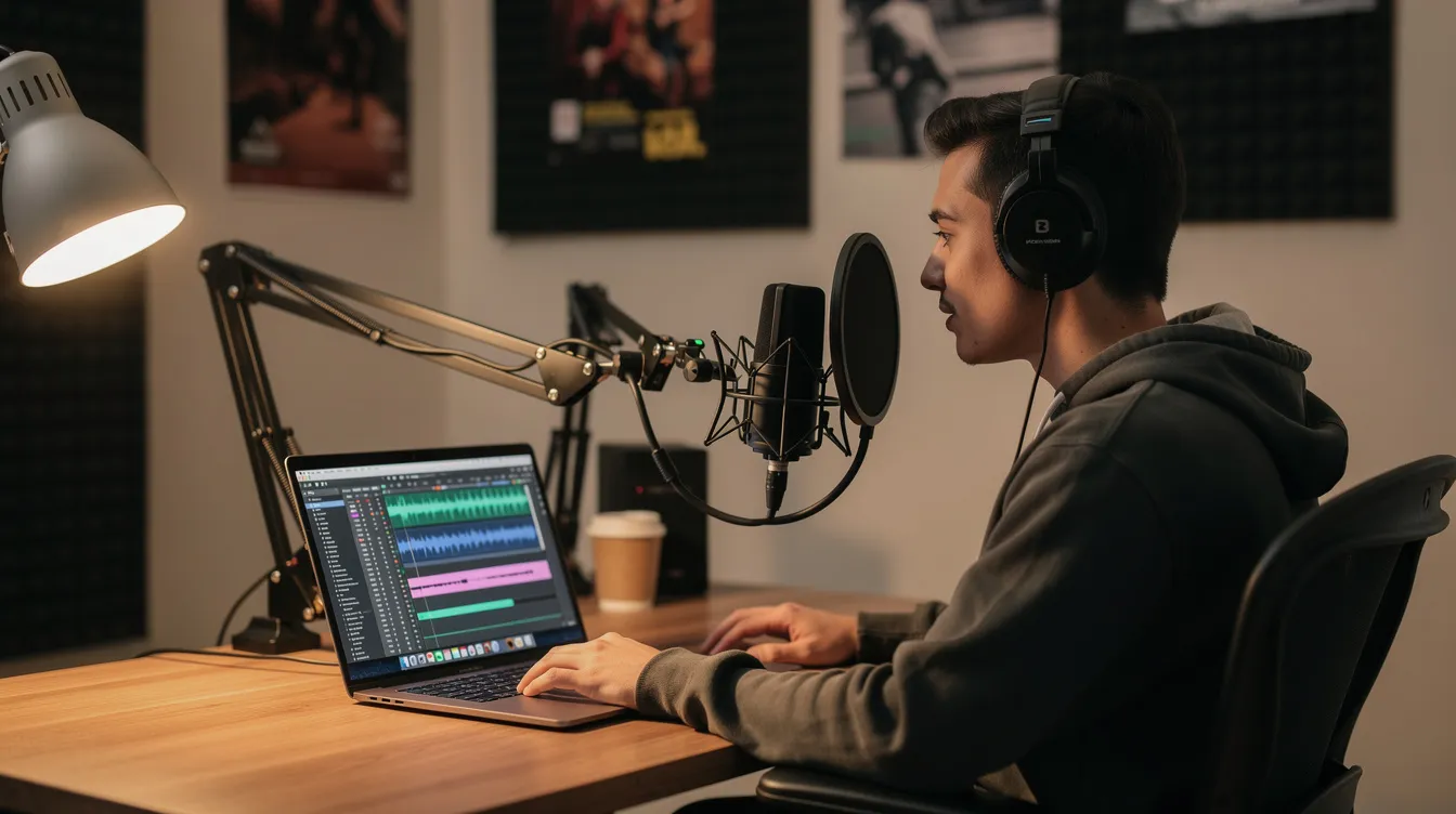 A person is sitting at a desk wearing headphones and speaking into a microphone, while working on a laptop that displays an audio editing application. This scene illustrates the transcription process, where audio files are edited and prepared for generating accurate transcripts or subtitles for video content.