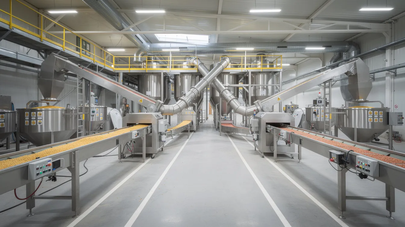 d5a6a9a7 0a3e 45f1 b329 52a29a50caa4 The image depicts the interior of a medium-scale dal mill plant, showcasing metal machinery, conveyors, and storage bins used for pulse processing. This automated setup highlights the operational efficiency and production capacity essential for the food processing industry, particularly in handling various types of raw pulses like chana dal and toor dal.