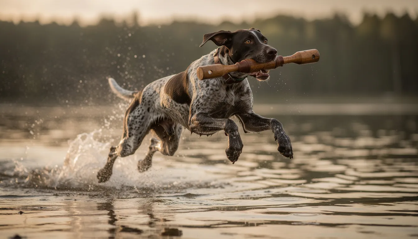 Na obrazku widoczny jest wyżeł niemiecki krótkowłosy, który aportuje z wody, z energią i zapałem przynosząc przedmiot do swojego właściciela. Pies myśliwski o krótkiej sierści i przyjaznym usposobieniu prezentuje swoje umiejętności w akcji.