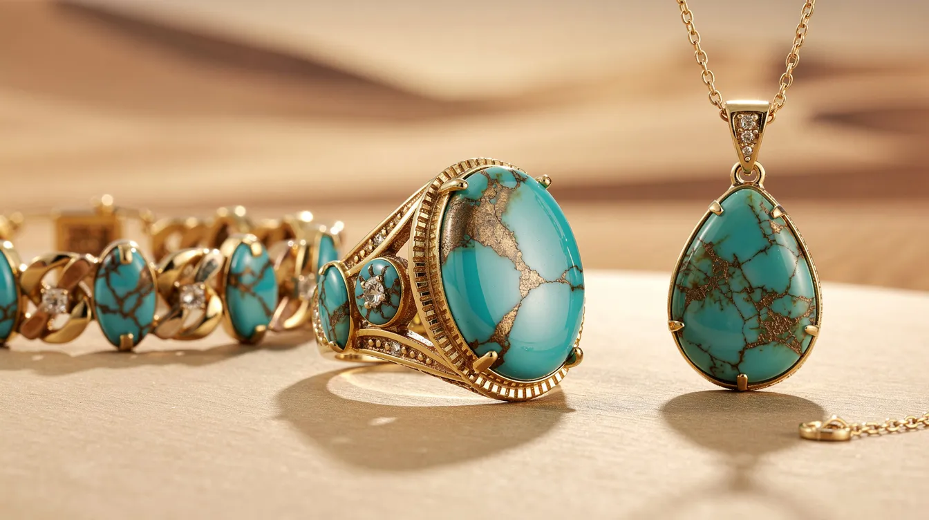 The image showcases a stunning piece of jewelry featuring Mojave turquoise, characterized by its vibrant blue-green hues and striking bronze matrix. This bold gemstone is elegantly set in a turquoise and gold bracelet, highlighting its unique patterns and luxurious appeal, perfect for making a statement.