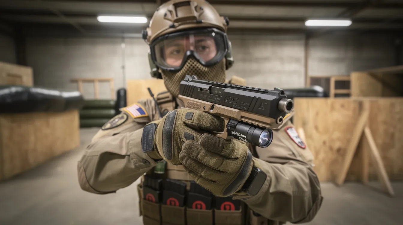 A close-up image shows a person in protective gear holding a gas blowback airsoft pistol, showcasing the realistic blowback action and metal construction typical of high-quality airsoft guns, set against the backdrop of an indoor CQB arena. The focus on the pistol highlights its features, making it clear that this is a popular choice among airsoft enthusiasts for tactical gameplay.