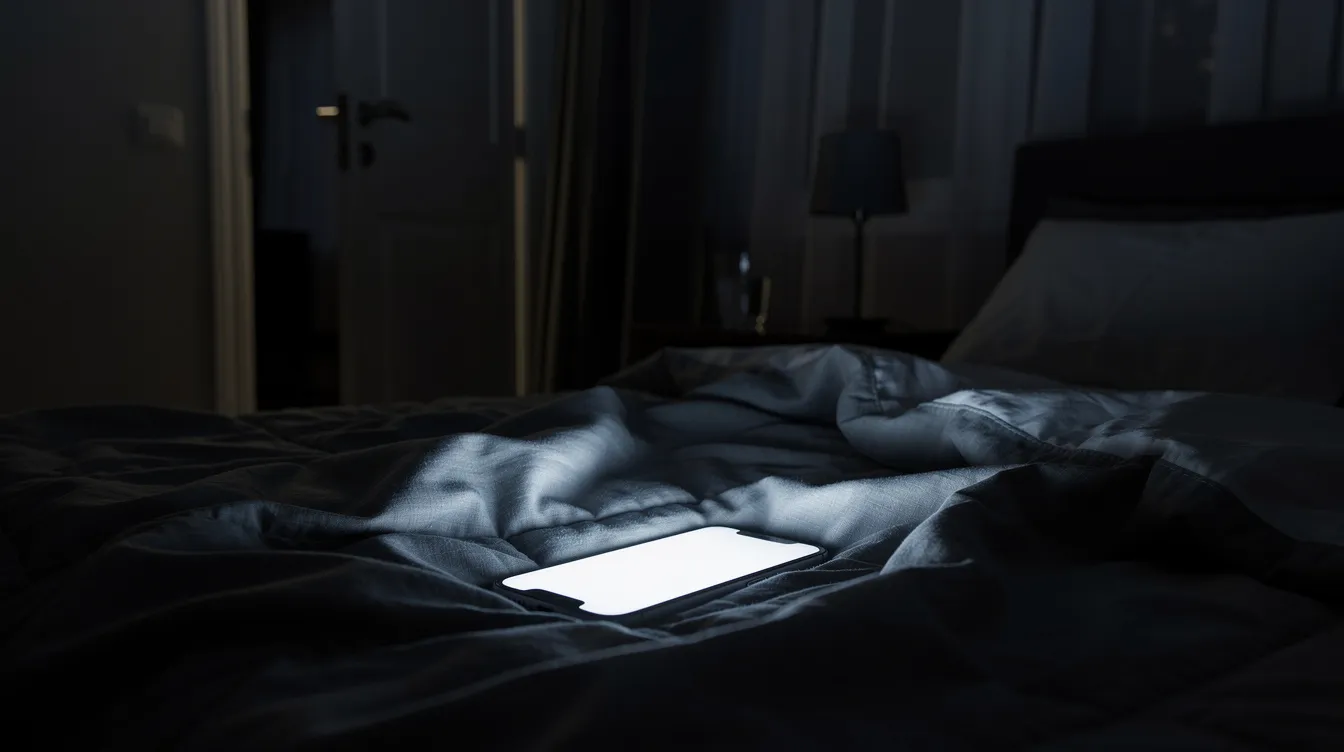 The image shows a glowing smartphone screen in a dark bedroom, highlighting the potential impact of blue light on sleep patterns and sleep disorders like delayed sleep phase syndrome. This scene underscores the challenges people with ADHD may face with sleep quality and routines, as they often experience trouble falling asleep and staying asleep.